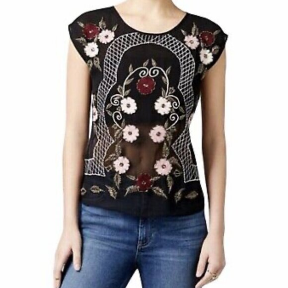 GUESS Embroidered /Embellished Sheer Black/Floral Sleeveless Top Women's XL - Picture 1 of 10